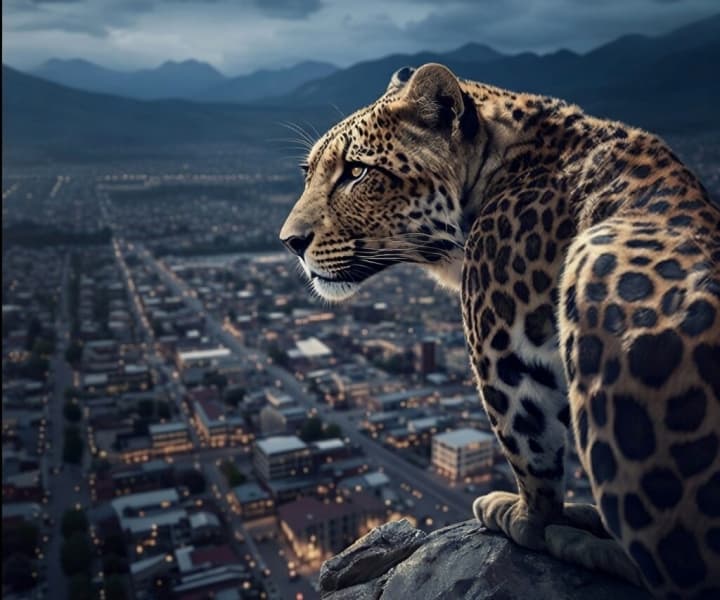 Leopard looking over Nigerian landscape from a vantage point